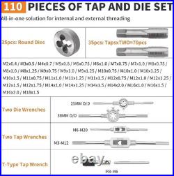 110PCS Tap and Die Set Bearing Steel Rethreading Tool Kit SAE and Metric Size