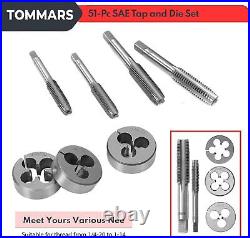 51Pc 1/420 to1-14 Jumbo Tap and Die Set SAE Round Threading Dies for Threading