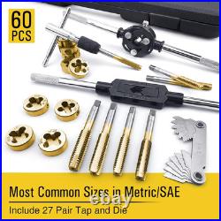60PCS Metric&Sae Tap and Die Set, Titanium Coated Gcr15 Bearing Steel with T-Han