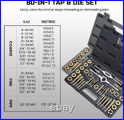 Brass Coated 80Pcs SAE & Metric Tap and Die Set, Metric Standard Rethreading Too
