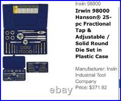 Irwin Hanson 25-piece Tap And Adjustable Round Die Master Set 98000 Never Used