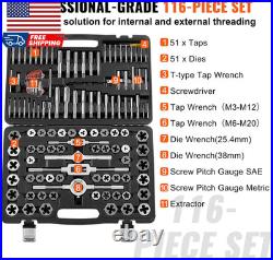 Tap and Die Set 116-Piece Include Metric and SAE Size Bearing Steel Taps