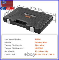 Tap and Die Set 116-Piece Include Metric and SAE Size Bearing Steel Taps