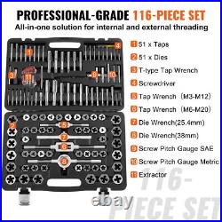Tap and Die Set, 116-Piece Include Metric and SAE Size, Bearing Steel Taps&Dies
