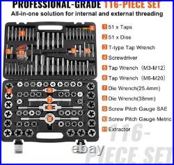 Tap and Die Set, 116-Piece Include Metric and SAE Size, Bearing Steel Taps and D