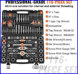 VEVOR Tap and Die Set 116Pcs SAE & Metric Threading Kit with Case and Tools